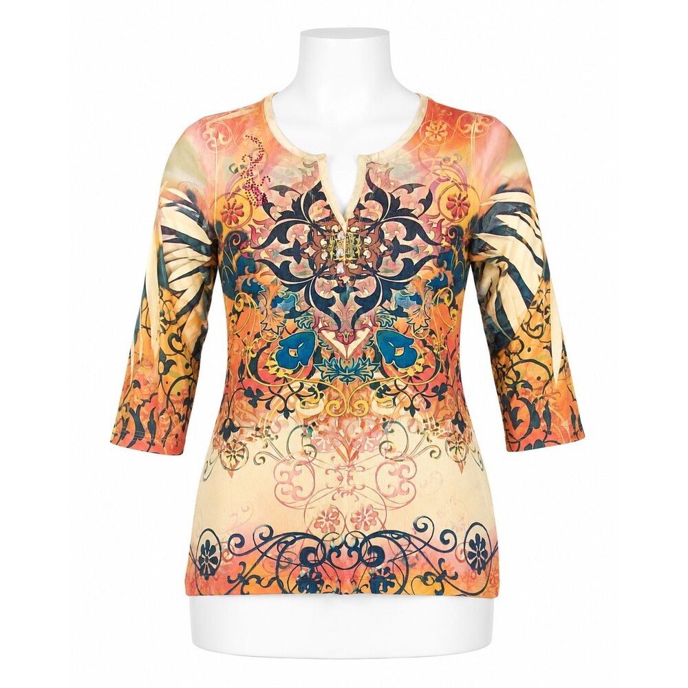 One World Top Womens 1X Colorful Floral Scroll Print Tunic Shirt‎